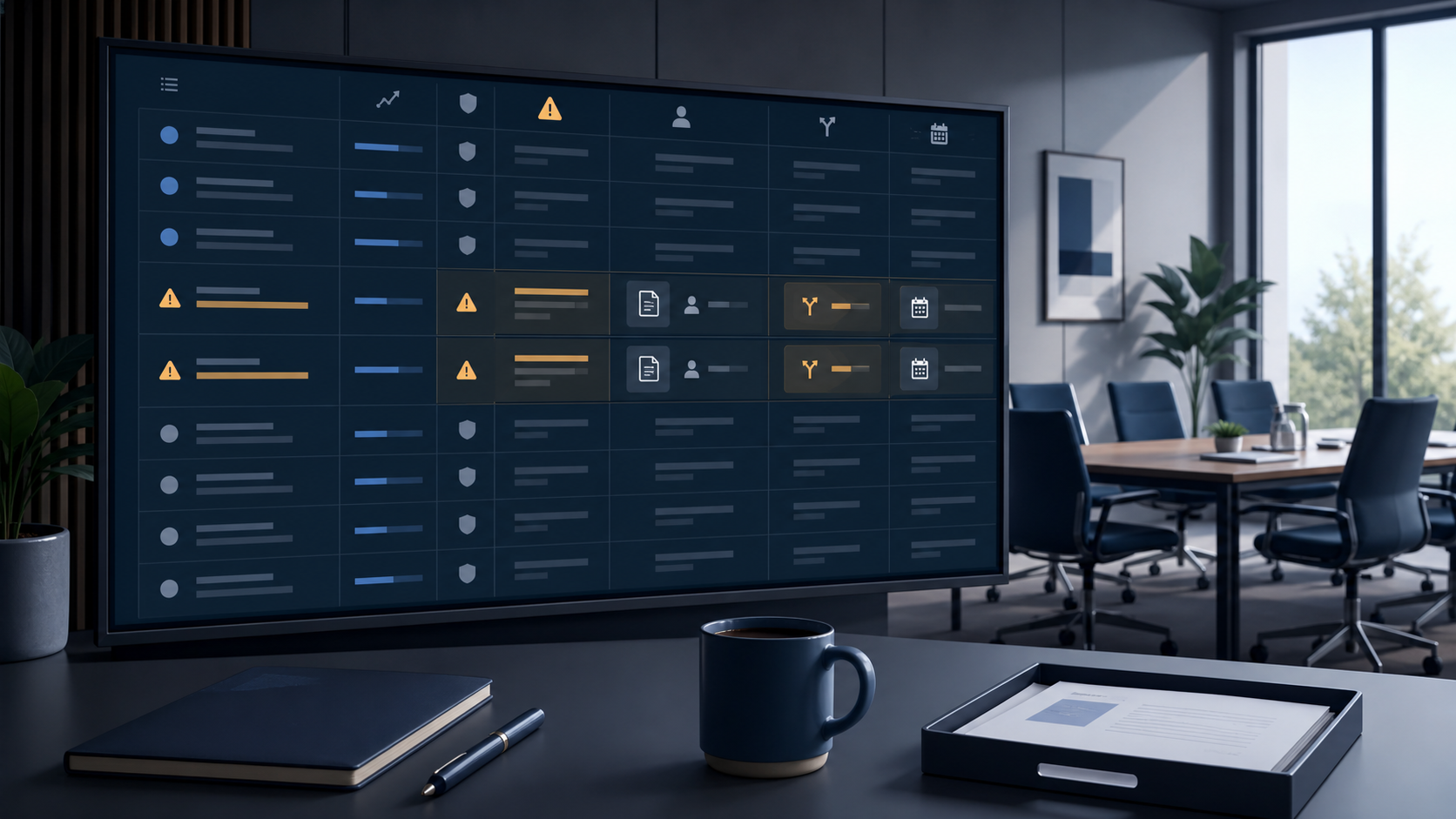 Project-health exceptions prepared on a review screen before a status meeting