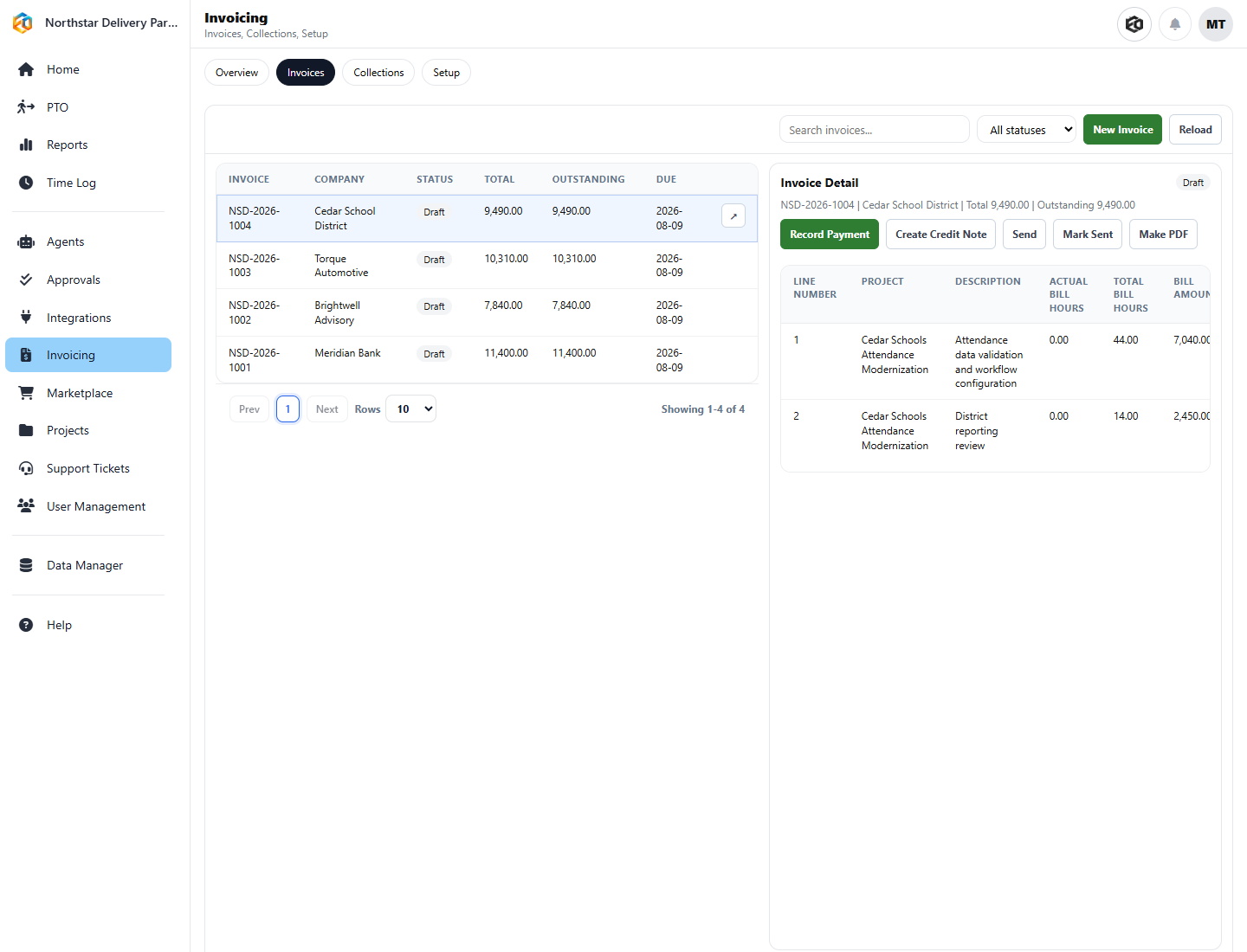 Draft invoices with Cedar School District invoice detail in Eos