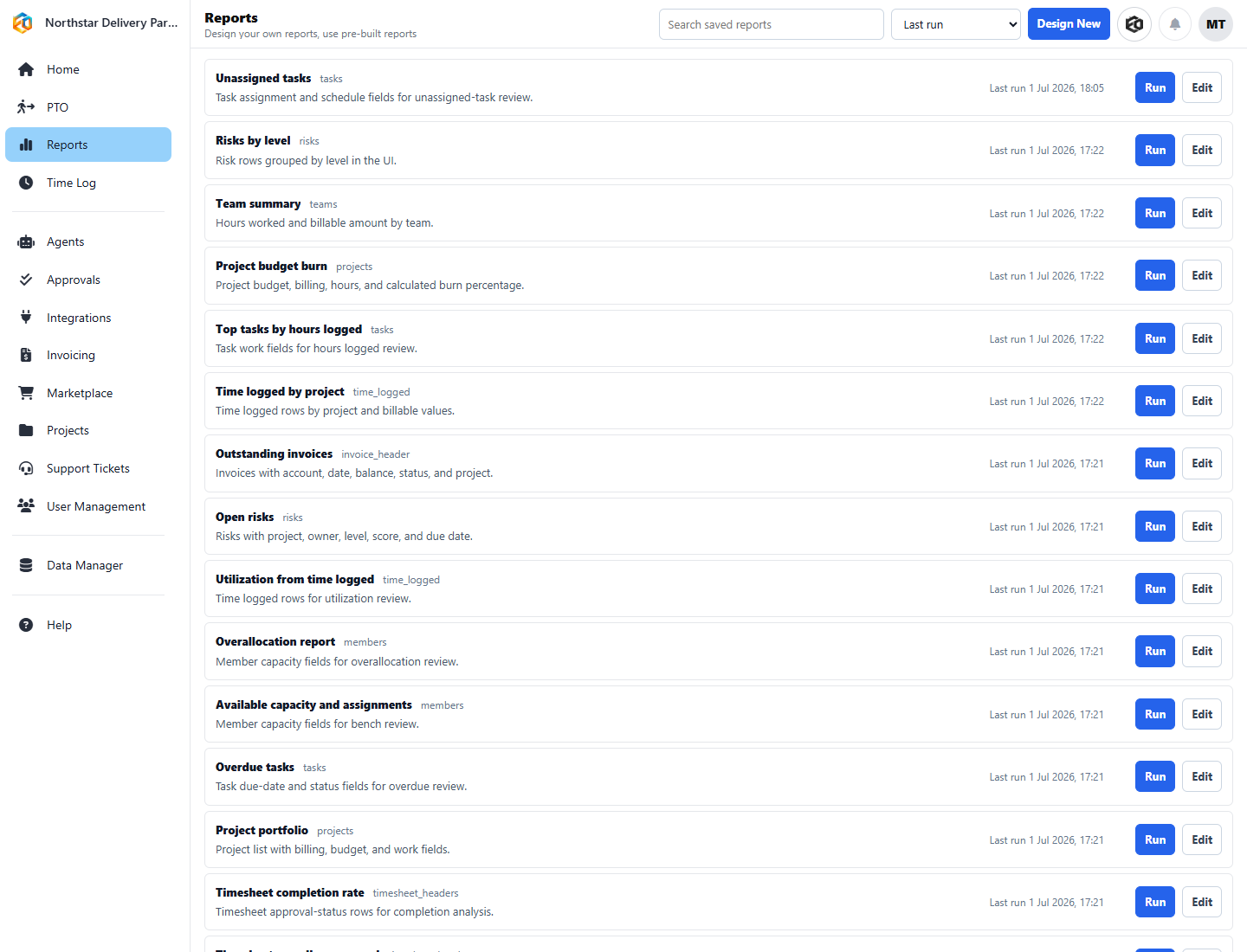 Eos report library with capacity, assignments, utilization, and overallocation reports