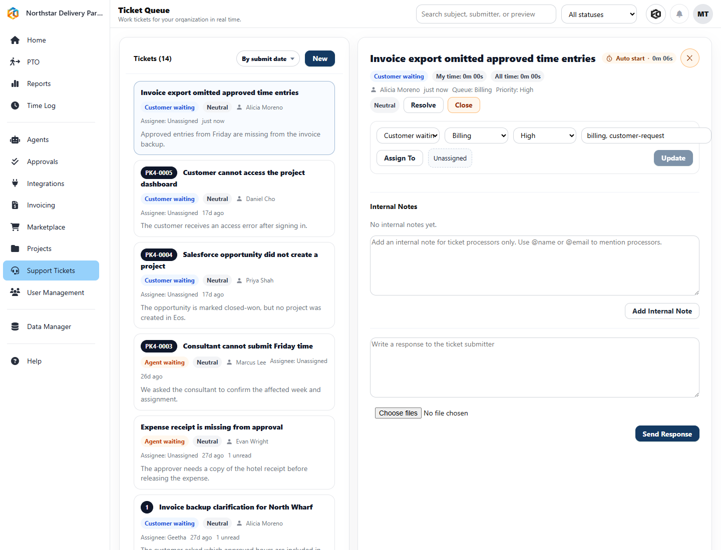 Ticket queue and selected support request in Eos